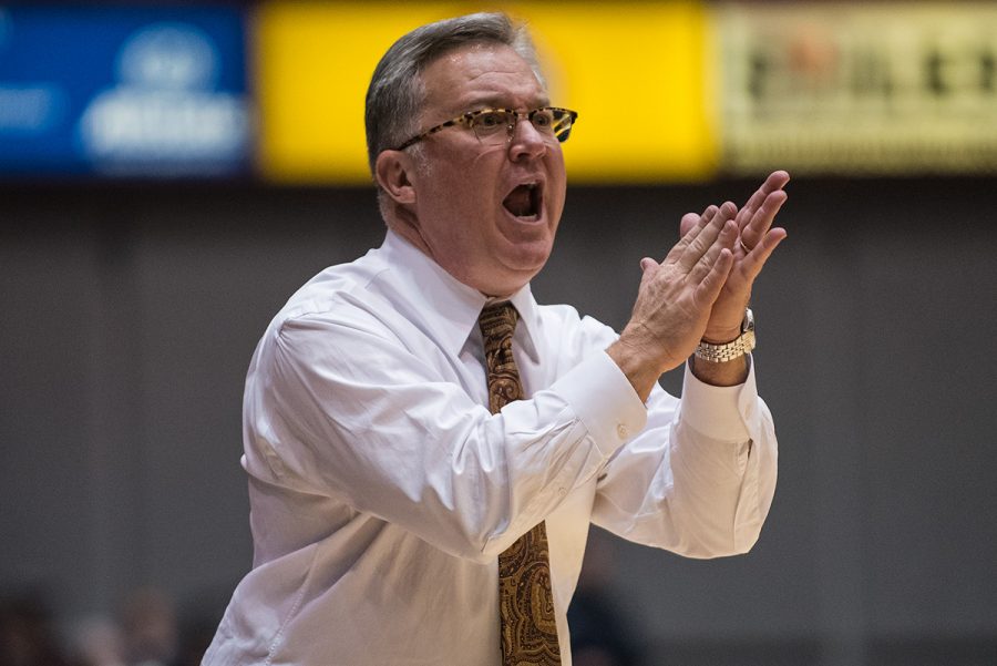 SIU coach Barry Hinson reacts during the Salukis’ 74-70 win over Texas Southern on Saturday, Dec. 3, 2016, at SIU Arena. (Jacob Wiegand | @jawiegandphoto) 