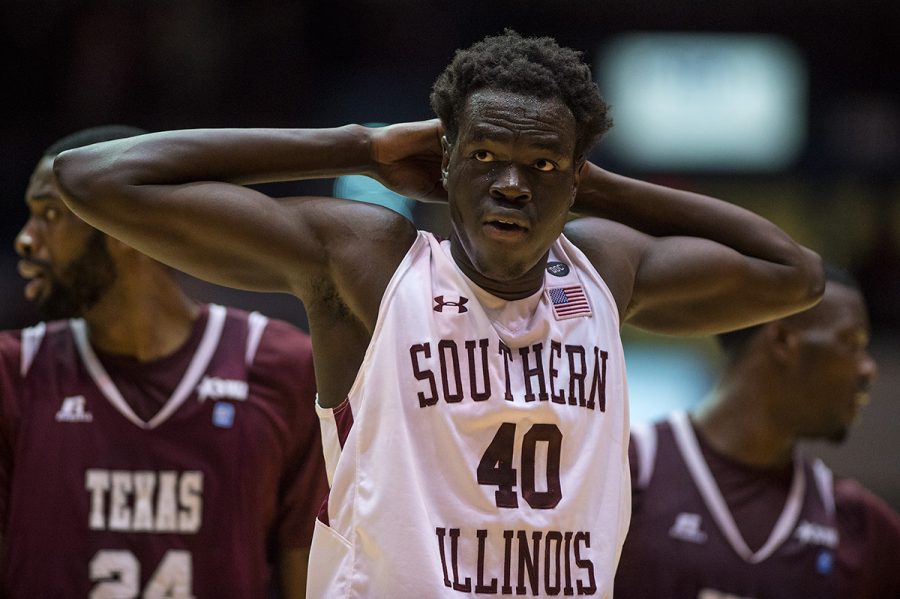 Junior forward Thik Bol prepares to make a free throw near the conclusion of the Salukis’ 74-70 win over Texas Southern on Saturday, Dec. 3, 2016, at SIU Arena. (Jacob Wiegand | @jawiegandphoto)