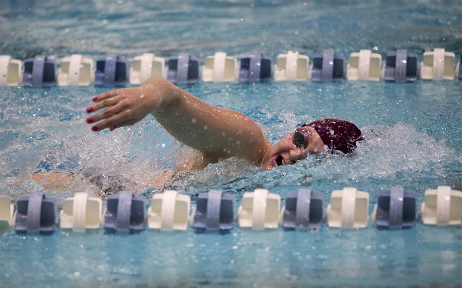 SIU junior Bryn Handley swims the 500-yard freestyle race Saturday, Dec. 3, 2016, during the Saluki womens teams 155-143 loss to Missouri State at Edward J. Shea Natatorium. Handley and her teammates, junior Kelsie Walker and senior Lauren Stockton, took the top three places in the 500-yard freestyle event. (Morgan Timms | @Morgan_Timms)