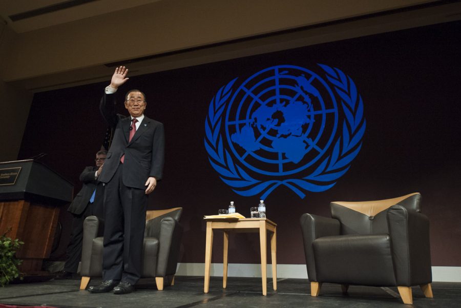 United Nations Secretary-General Ban Ki-moon waves to the crowd before delivering his final public lecture while in office Wednesday, Dec. 21, 2016, at the Student Center. (Ryan Michalesko | @photosbylesko)