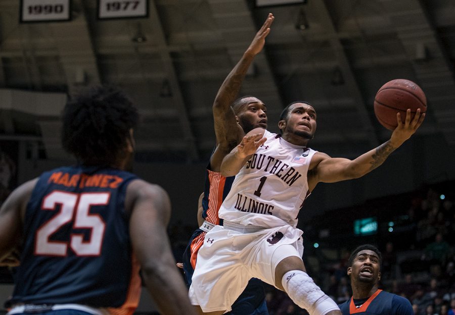 Senior guard Mike Rodriguez attempts a basket during SIUs 78-70 victory against UT-Martin on Thursday, Dec. 22, 2016, at SIU Arena. (Jacob Wiegand | @jawiegandphoto)