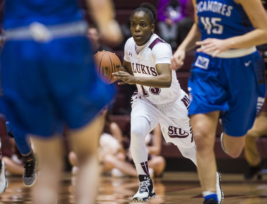 Senior point guard Rishonda Napier brings the ball down the court during the Salukis 68-53 loss to the Indiana State Sycamores on Sunday, Jan. 1, 2017, at SIU Arena. (Ryan Michalesko | @photosbylesko)
