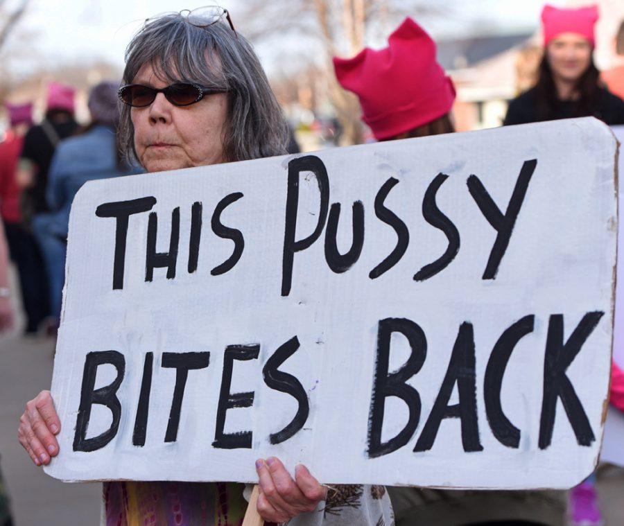 Connie Hawley-Lowe stands with a sign during the Southern Illlinois Womens March on Saturday, Jan. 21, 2017, in front of the Carbondale Civic Center. This sign says it all, said Hawley-Lowe, who said after she heard the recording of President Donald Trump advising to another man to Grab ’em by the pussy, she cried for weeks. Its disgusting, she said. (Anna Spoerre | @Anna Spoerre)