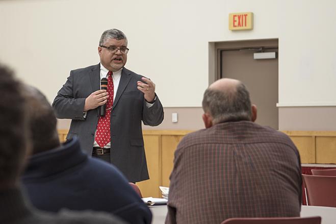 Interim Chancellor Brad Colwell addresses the audience during a question-and-answer meeting Monday, Jan. 9, 2017, at the Carbondale Civic Center. Colwell said hosting this type of event has been successful in the past and promotes discussion between university and community members. (Branda Mitchell | @branda_mitchell)