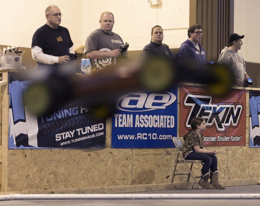 Skip Starkey, Joe Roach, Eddie Gaines, Ashton Brewer, and Wayne Summers race radio controlled cars Saturday, Feb. 04, 2017 at the Alpha RC Raceways in Carbondale. The track is home to a group of radio-controlled car enthusiasts who meet on weekends to practice and race against one another competitively inside a large gymnasium owned by fellow racer Andy Wallace. The gymnasium houses two tracks for the sport — one off-road and one on-road — for different classes of cars. The off-road track is constructed mainly from plastic piping, wood and carpet. Wallace, the owner of the building, said the space is also used for community events. While competitive, Wallace said, the races essentially amount to grown boys playing with toy cars. (Bill Lukitsch | @lukitsbill)
