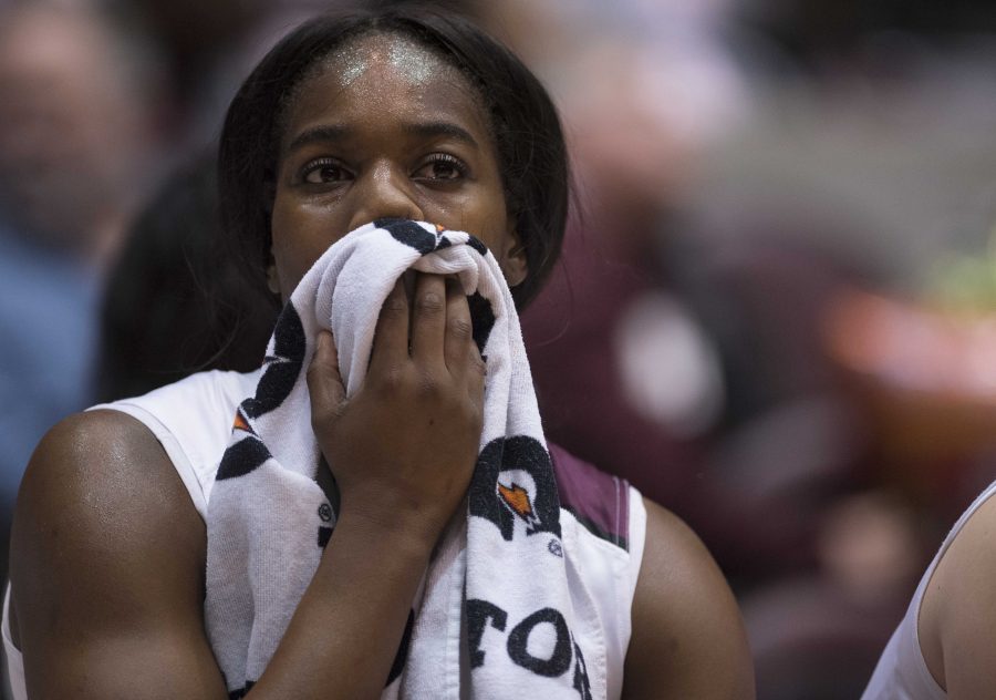 Senior forward Kim Nebo wipes sweat from her face during the Salukis 74-61 loss to Evansville Purple Aces on Friday, Feb. 17, 2017, at the SIU Arena. (Bill Lukitsch | @lukitsbill)