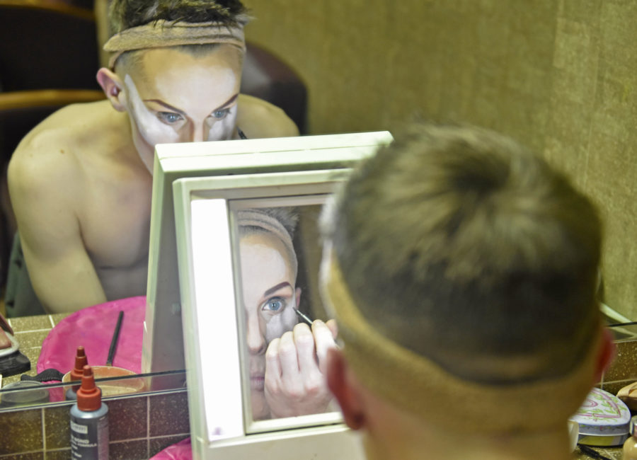 Jacob Hayes applies makeup Friday, Feb. 25, 2017, before the Golden Gays Drag Show in the Student Center in which he performs under the name Veronica. (Anna Spoerre | @annaspoerre)