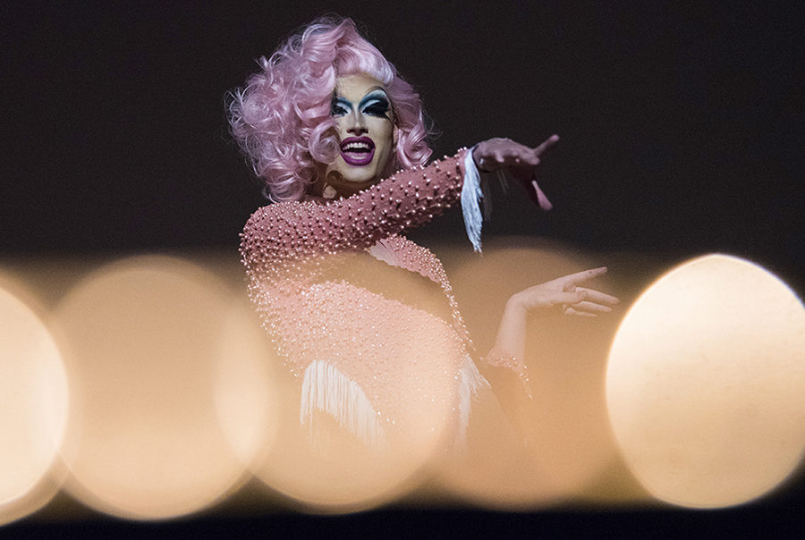 Peyton Kross, of Little Rock, Arkansas, points to the crowd while in the character of Lady Boi on Saturday, Feb. 25, 2017, during the Golden Gays Drag show in the Student Center. 