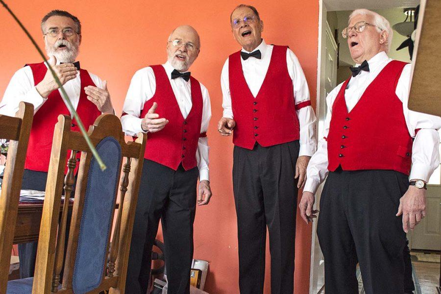 From left: members of the Little Egypt Barbershop Valentines Day Quartet, Tom Smith, of Chester; Seth Hass, of Anna; Dennis Burd, of Carbondale; and Pat Kelley, of Carbondale, perform to Charles Schumann Jr. in his home Tuesday, Feb. 14, 2017, in Alto Pass. (Athena Chrysanthou 
| @Chrysant1Athena)