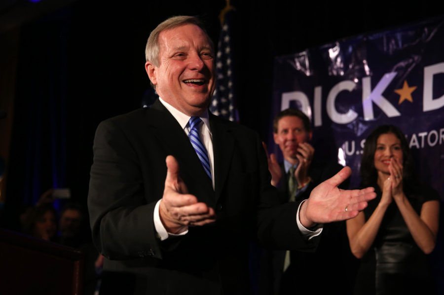 U.S. Sen. Dick Durbin celebrates his defeat of Republican challenger Jim Oberweis at his election night party at the Westin River North in Chicago on Tuesday, Nov. 4, 2014. (E. Jason Wambsgans/Chicago Tribune/MCT)