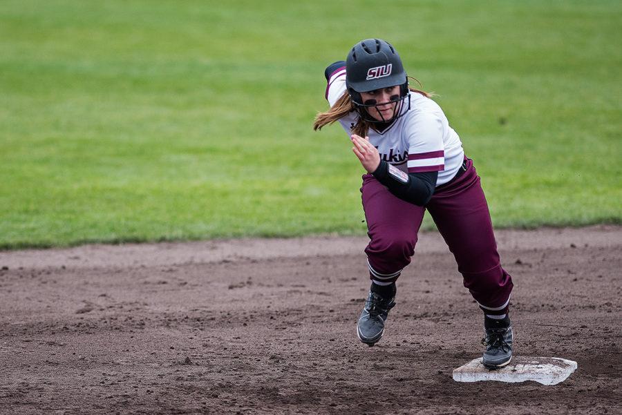 Freshman utility Bailee Pulley runs toward third during SIU’s 9-3 loss to the Northern Illinois Huskies on Sunday, March 5, 2017, at Charlotte West Stadium. (Jacob Wiegand | @jawiegandphoto)