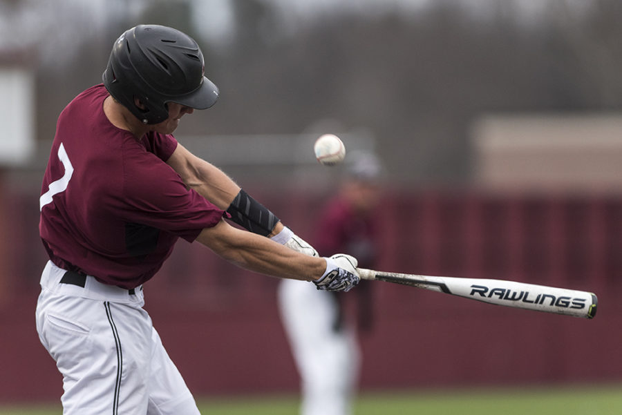 Junior infielder Connor Kopach swings and misses the ball during the bottom of the second inning Sunday, March 5, 2017, at Itchy Jones Stadium. The Salukis beat Western Illinois 3-2. (Branda Mitchell | @branda_mitchell)