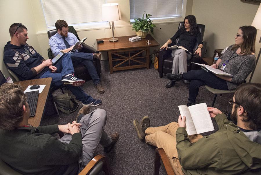 Clinical psychology doctoral candidates discuss progress monitoring from their assigned reading in The Case Formulation Approach to Cognitive-Behavior Therapy by Jacqueline B. Persons on Monday, March 6, 2017, under the advisement of Assistant Professor of Clinical Psychology Sarah Kertz in SIUs Clinical Center. The Clinical Center could be at risk of losing $365,577 if the university receives no state appropriations by June 30. (Morgan Timms | @Morgan_Timms)