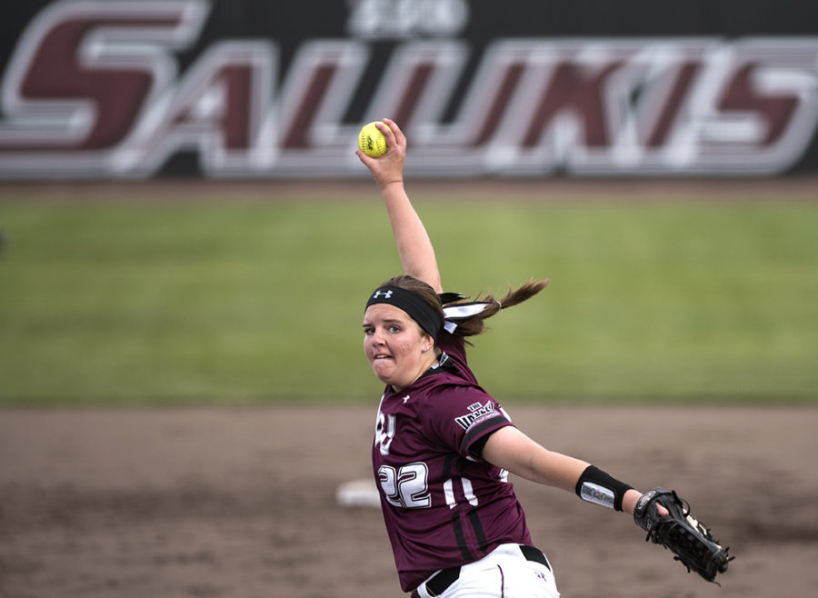 Sophomore pitcher Brianna Jones pitches Wednesday, March 29, 2017, during the Salukis 4-0 loss to SIUE at Charlotte West Stadium. (Morgan Timms | @Morgan_Timms)