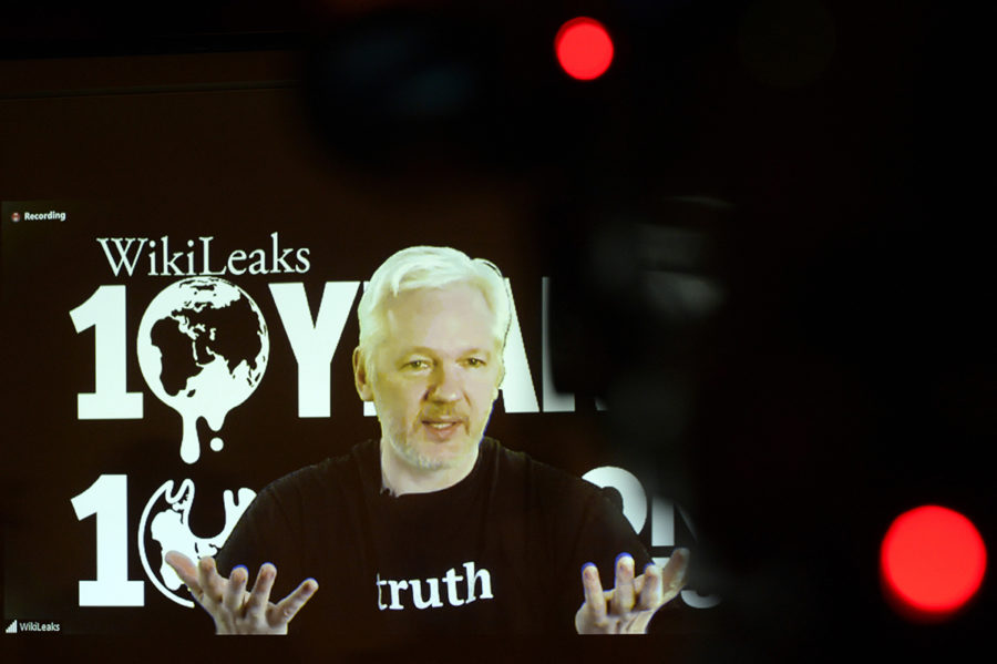 WikiLeaks founder Julian Assange speaks via video link, during WikiLeaks's; 10th anniversary news conference on October 4, 2016, in Berlin. (Maurizio Gambarini/DPA/Zuma Press/TNS)