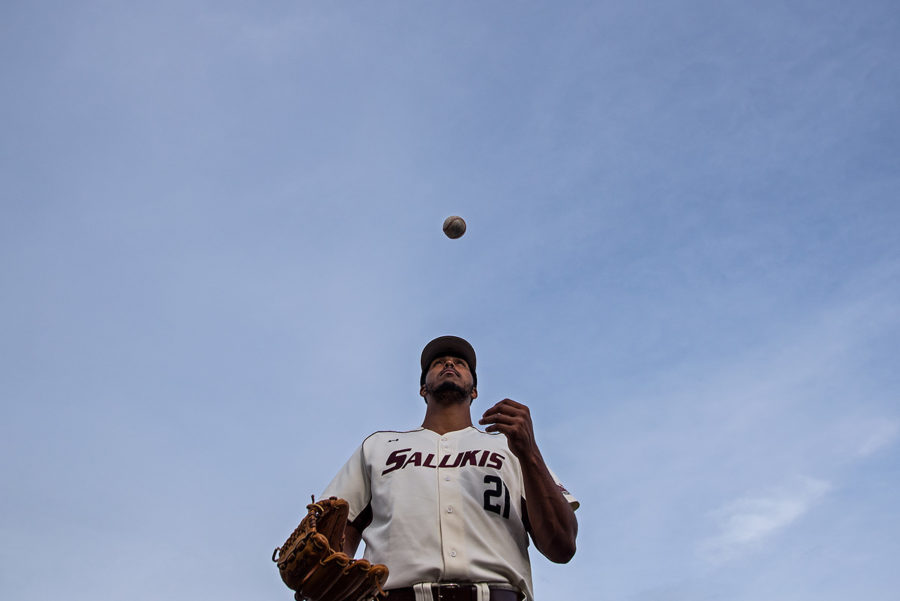 Senior pitcher Joey Marciano poses for a portrait Monday, April 17, 2017, at Itchy Jones Stadium. The Chicago native who studies radio, television and digital media played baseball at John A. Logan College in Carterville before joining the Salukis. (Jacob Wiegand | @jawiegandphoto) 