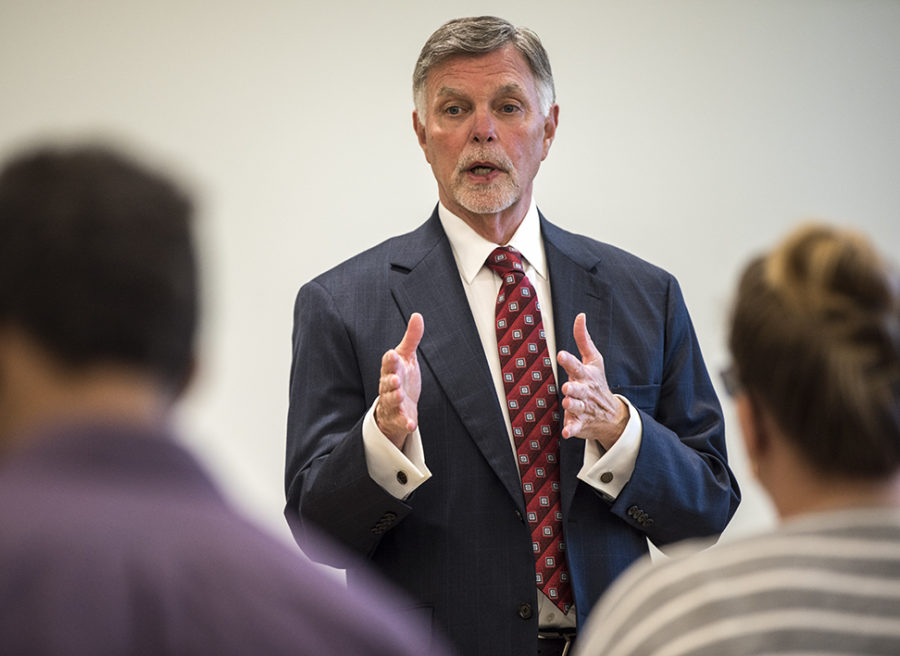 Chancellor candidate George Hynd addresses students Wednesday, April 19, 2017, during an open forum in the Student Services Building. (Morgan Timms | @Morgan_Timms) 
