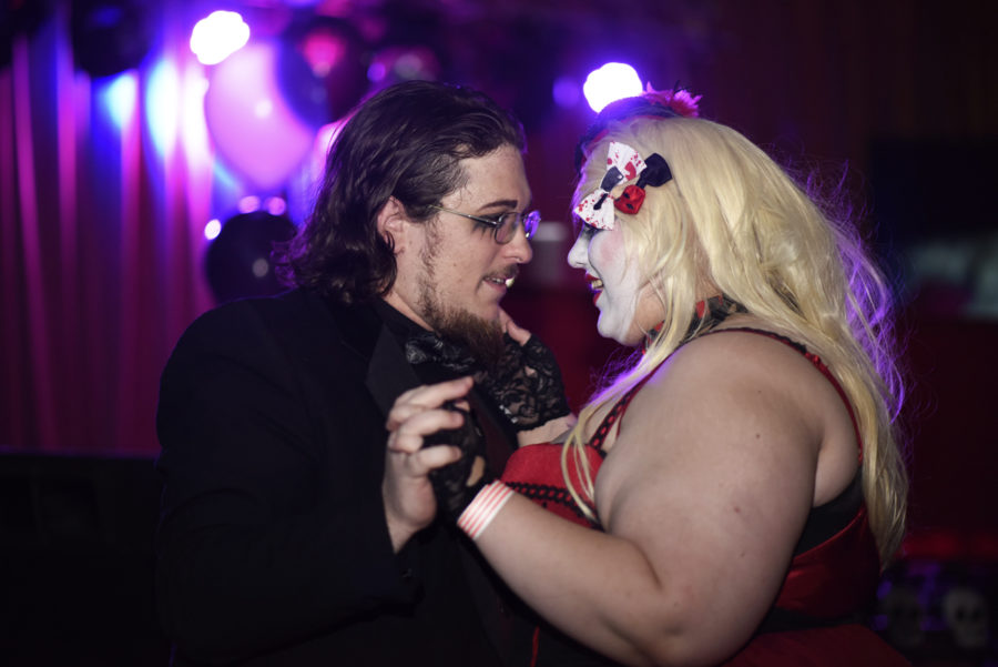 Patrick “Frost” Scott slow dances with Alistair Wiley, both of Carbondale, at the Oblivion VI: Gothic Prom on Thursday, April 20, 2017, at The Hangar 9 in Carbondale. (William Cooley | @Wcooley)
