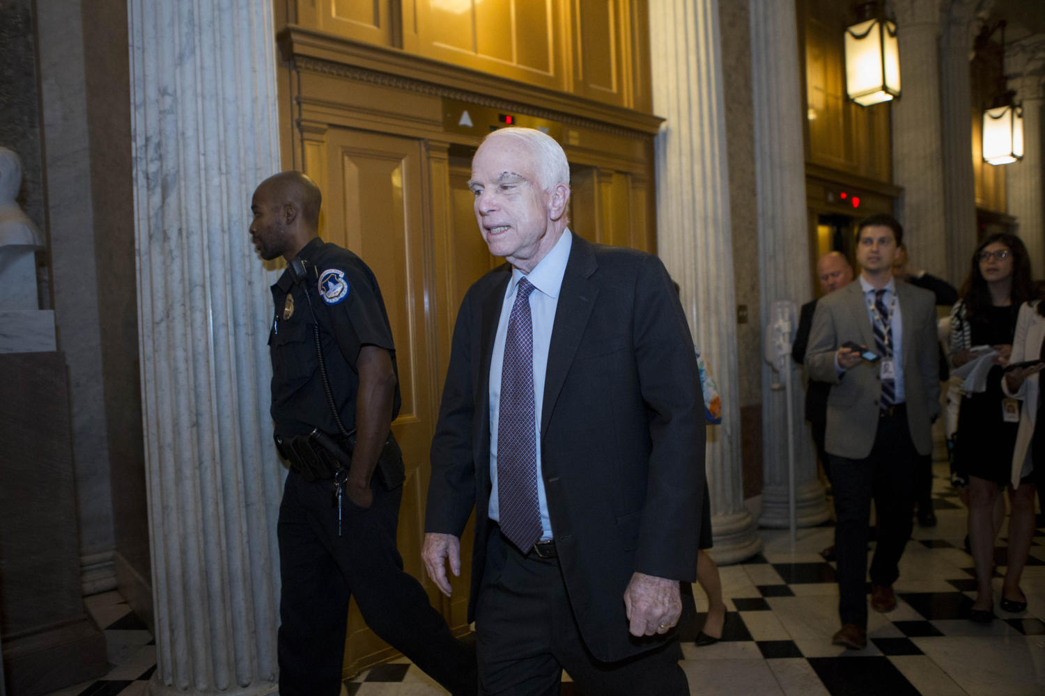 Sen. John McCain (R-AZ) walks to the senate chamber prior to voting against a 'Skinny Repeal' bill which would repeal The Affordable Care Act on July 28, 2017 in Washington, D.C. The Republican bill failed 49-51 with McCain, Sen. Susan Collins of Maine and Sen. Lisa Murkowski of Alasaka voting 'no' alongside Democrats.  (Alex Edelman/ZUma Press/TNS)