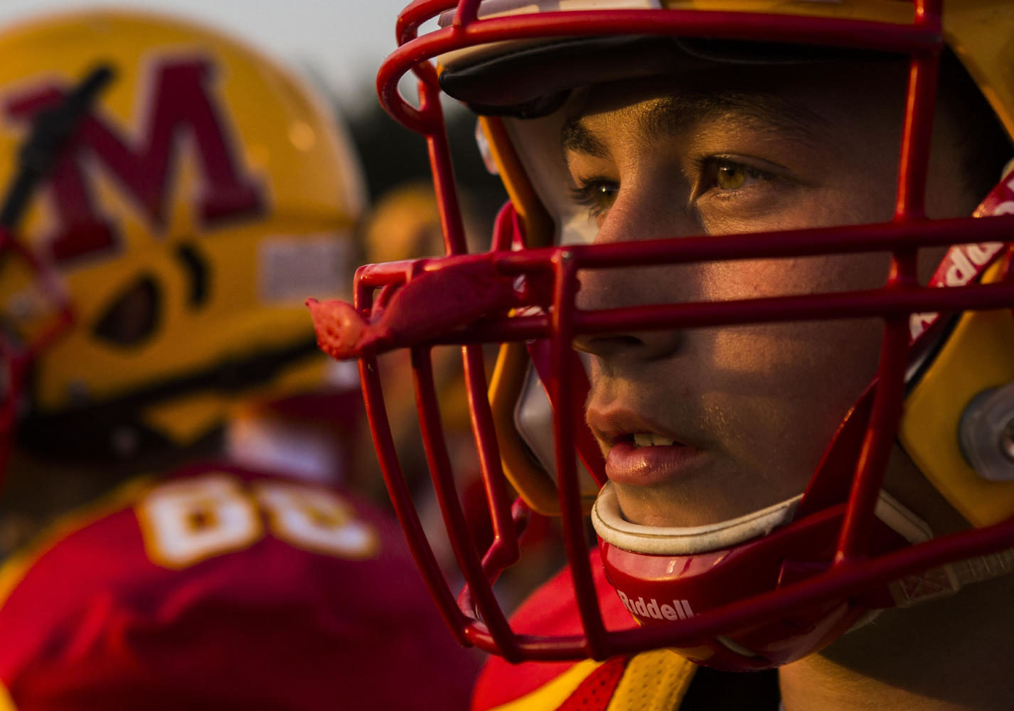 Murphysboro linebacker Michael Shearer looks onto the field during the 100th meeting between the Murphysboro Red Devils and the Carbondale Terriers on Friday, Aug. 25, 2017, at Doc Bencini Field, in Murphysboro, Illinois. (Ryan Michalesko | @photosbylesko)