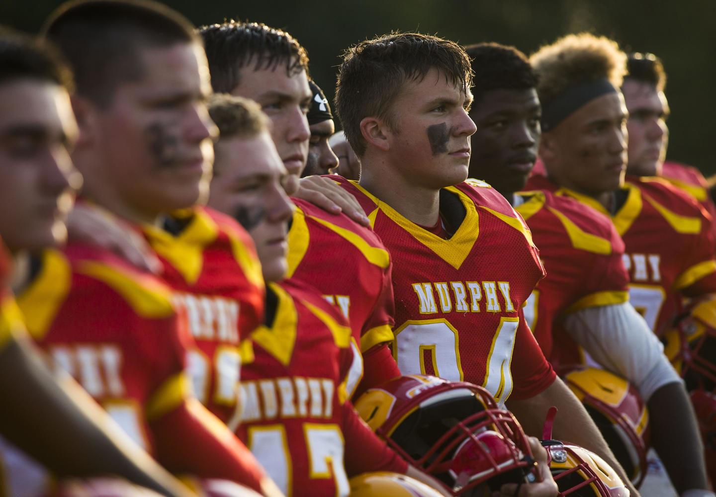 The Murphysboro Red Devils line up prior to kickoff of the 100th meeting between the Murphysboro Red Devils and the Carbondale Terriers on Friday, Aug. 25, 2017, at Doc Bencini Field, in Murphysboro, Illinois. (Ryan Michalesko | @photosbylesko)