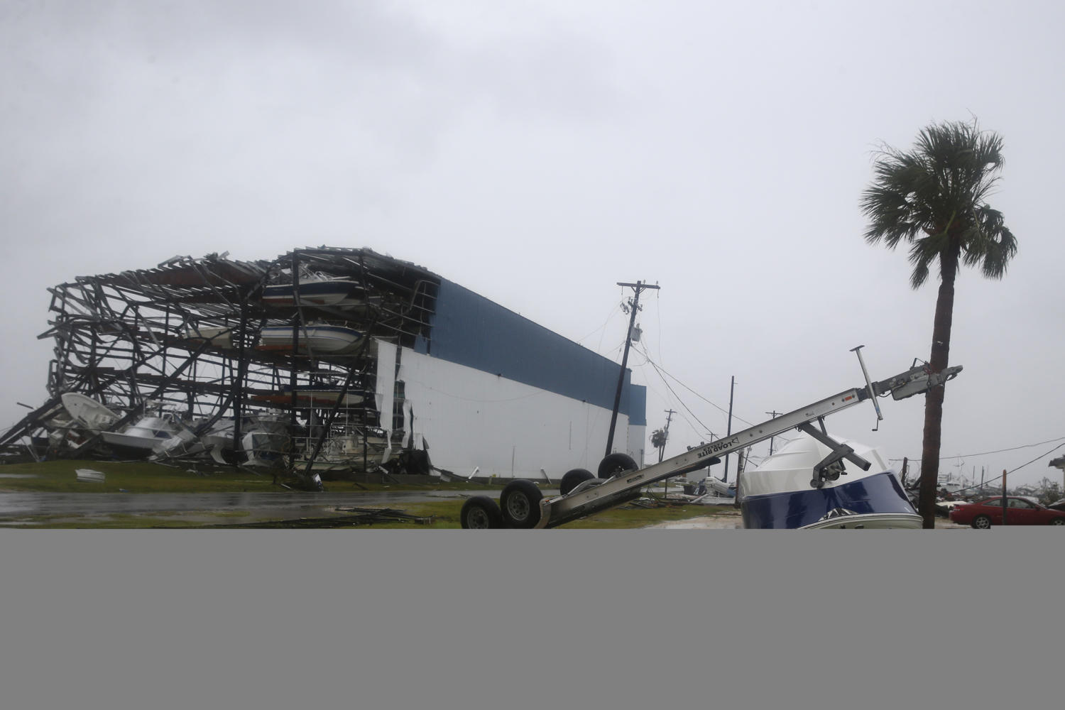 A large boat storage facility teeters on the brink of collapse after being ripped apart by Hurricane HarveyTexas in Rockport, Texas, on Saturday, Aug. 26, 2017. (Robert Gauthier/Los Angeles Times/TNS)