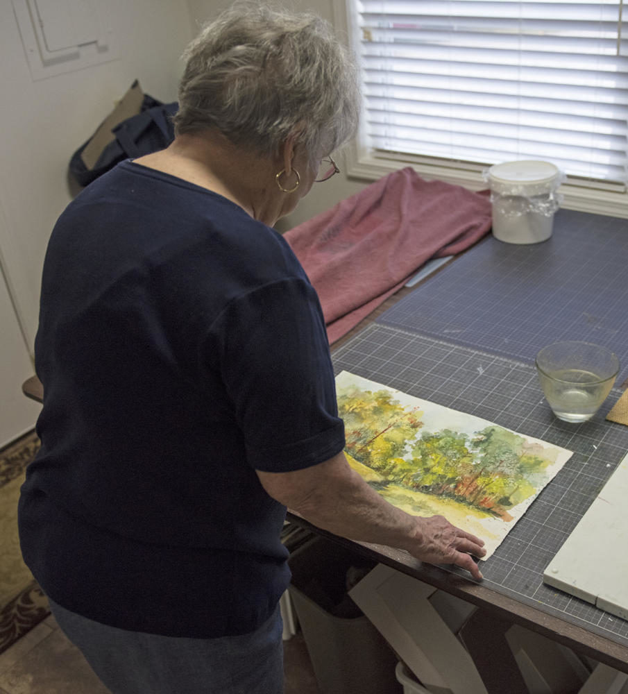 Carolyn Hollabough, of Murphysboro displays a piece of her work Tuesday Sept. 5, 2017, at her residence in Murphysboro. She used a combination of salt and paint to create a texture to her work at her residence in  Murphysboro. (Dylan Nelson | @DylanNelson99)
