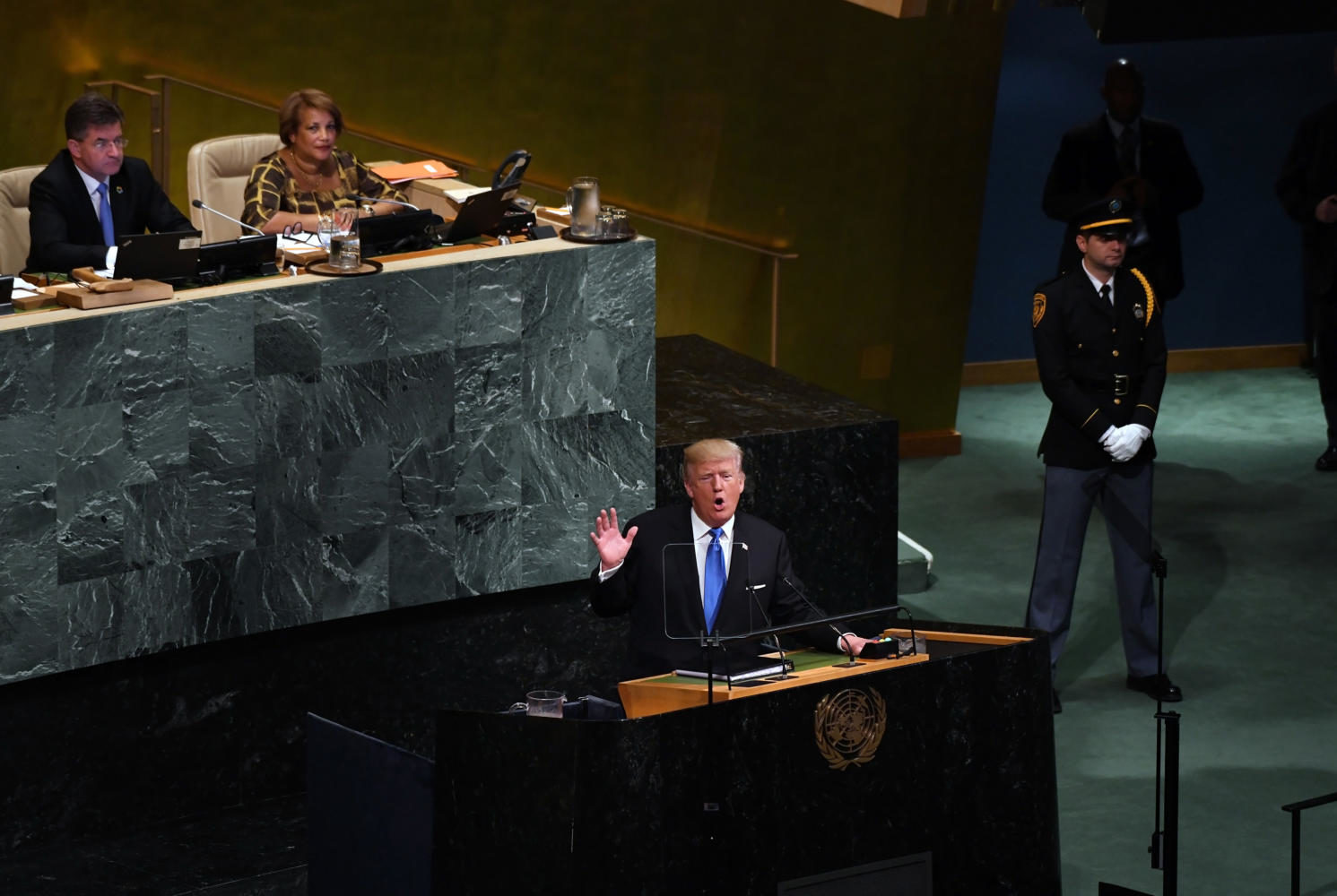 President Donald Trump addresses world leaders at the UN General Assembly in New York on Sept. 19, 2017. (Olivier Douliery/Abaca Press/TNS)