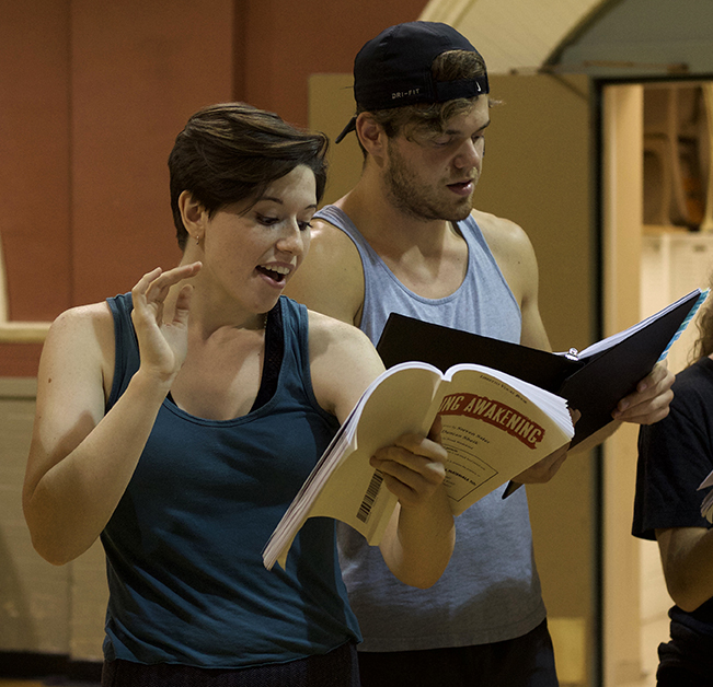 Senior Kristin Doty, a senior from Herrin studying musical theater and Hayden Schubert, a senior from Du Quoin studying musical theater practice a song Monday, Sept. 4, 2017, during rehearsal for Spring Awakening at Altgeld Hall. (Mary Newman | @MaryNewmanDE)