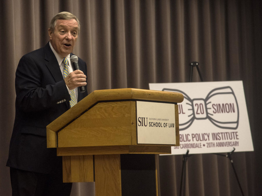 Richard “Dick” Durbin gives remarks about Paul Simon Tuesday, Oct. 10, 2017, during the Paul Simon Institute’s 20th anniversary at the Hiram H. Lesar Law Building Auditorium. (Mary Newman | @MaryNewmanDE)