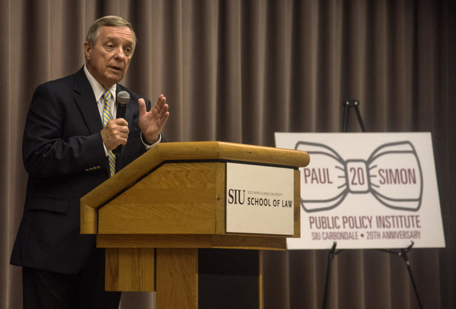 Sen. Richard “Dick” Durbin, responds to a question about the Cairo housing crisis, Tuesday, Oct. 10, 2017, during the Paul Simon Institute’s 20th anniversary at the Hiram H. Lesar Law Building auditorium. “I went to the Cairo school today and met with the sixth graders…they actually asked the question of the principal, ’is this school going to be here next year?’…if 180 families pick up and leave…what happens to the school district? What happens to the students that remain?” said Durbin. (Mary Newman | @MaryNewmanDE)