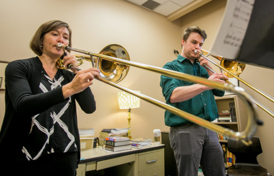 Low brass professor Jessica Butler, left, works with masters student Weston Mayer, of Shippensburg, Pennsylvania, in her office at Altgeld Hall. (Brian Muñoz | @BrianMMunoz)