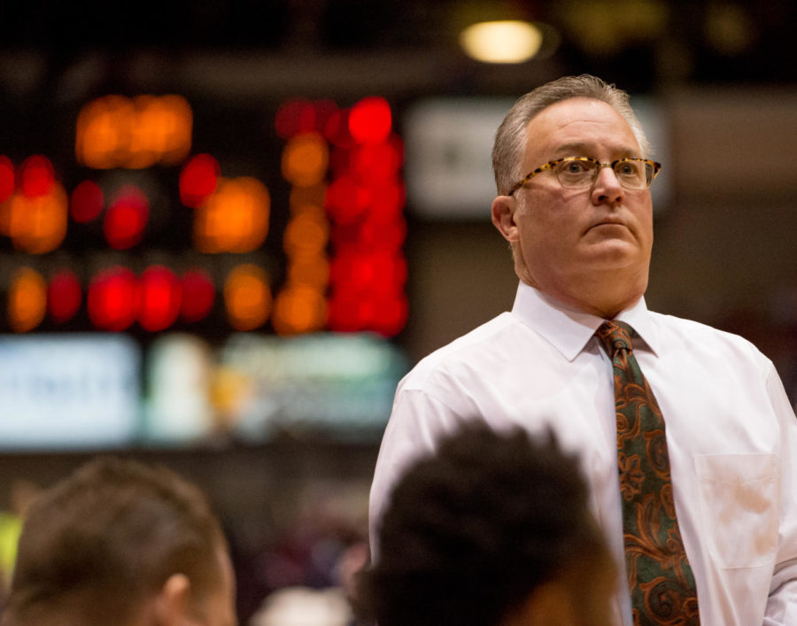 SIU mens baskebtall head coach Barry Hinson reacts after looking at the score board Saturday, Nov. 18, 2017, during the Salukis 69-64 win against the University of Illinois Springfield Prairie Stars at SIU Arena. (Brian Muñoz | @BrianMMunoz)