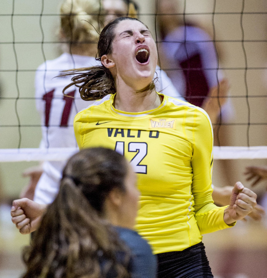 Valparaiso University senior middle hitter Taylor Graboski celebrates a point scored Monday, September 25, 2017  during the Salukis 2-1 win against the Crusaders at Davies Gym. (Dylan Nelson | @Dylan_Nelson99)