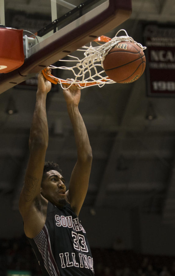 Junior center Kevin Pippen dunks the ball Saturday, Dec. 9, 2017, during the Salukis’ 75-69 loss against the Southeast Missouri Redhawks at SIU Arena. (Dylan Nelson | @Dylan_Nelson99)