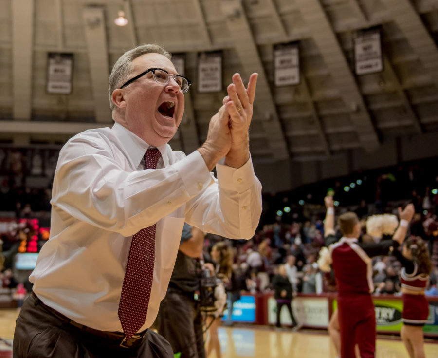 Coach Barry Hinson reacts after beating Illinois State Saturday, Jan. 13, 2018, during the Salukis 74-70 win against the Illinois State Redbirds at SIU Arena. (Brian Munoz | @BrianMMunoz)