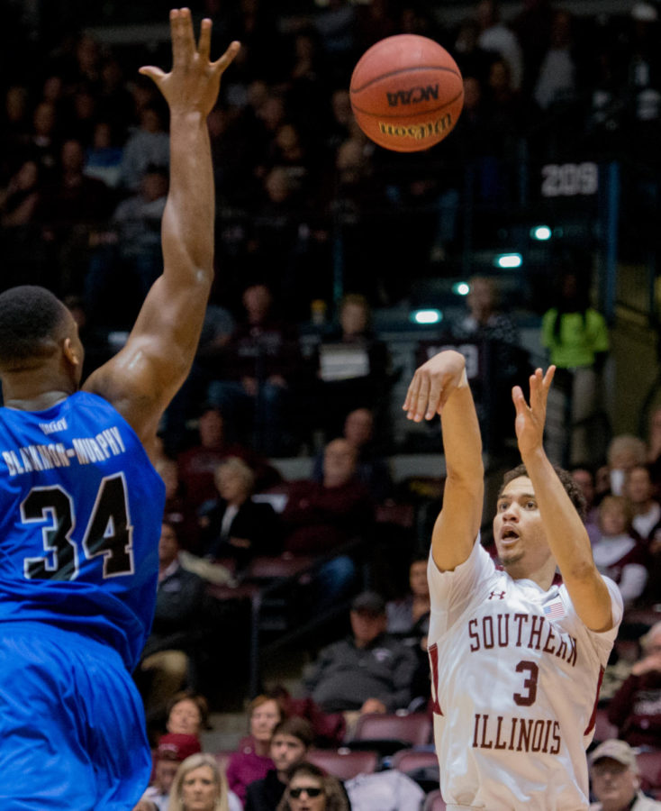 Junior guard Marcus Bartley attempts a three-point basket Wednesday, Jan. 24, 2018, during the Salukis 82-77 win against the Indiana State Sycamores at SIU Arena. (Cameron Hupp | @CHupp04)