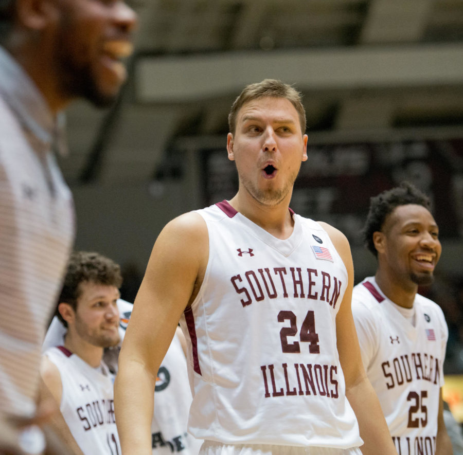 Junior forward Rudy Stradnieks reacts after a play Wednesday, Jan. 24, 2018, during the Salukis 82-77 win against the Indiana State Sycamores at SIU Arena. (Cameron Hupp | @CHupp04)