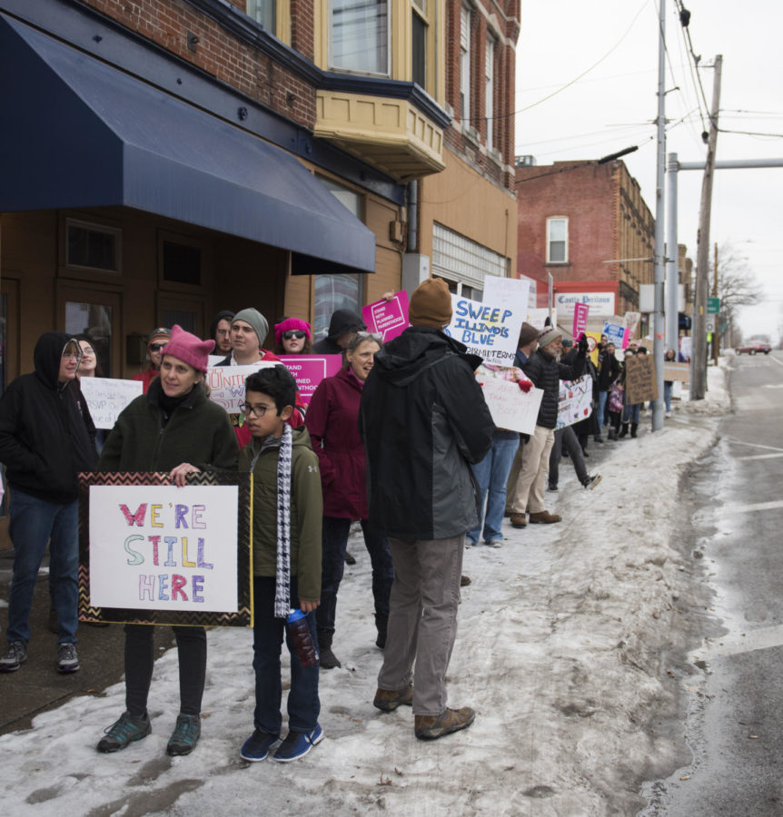 Protestors march up Illinois Avenue Saturday, Jan. 20, 2018 during the Southern Illinois March to the Polls in Carbondale. (Dylan Nelson | @Dylan_Nelson99)