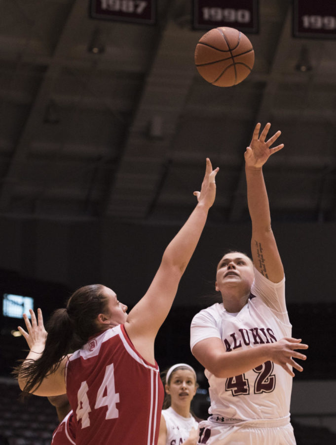 Junior forward/center Ashley Hummel shoots the ball during a match-up against the Bradley University Braves, the Salukis lead by 9 for a final score of 62-53 on Sunday, Feb. 11, 2018 at The SIU Arena. (Dylan Nelson | @Dylan_Nelson99)