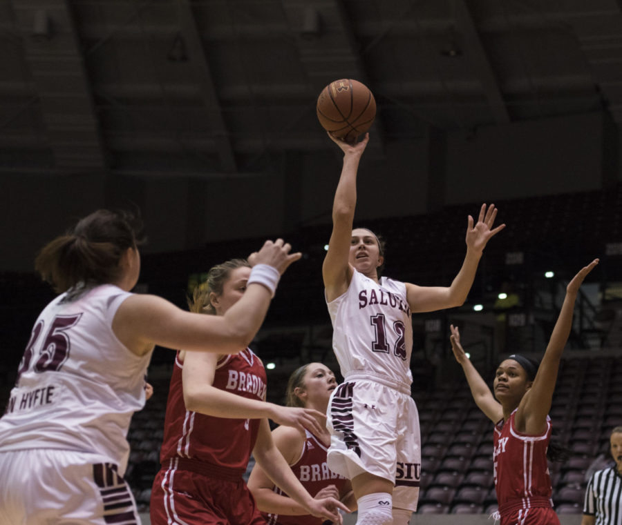 Freshman guard Makenzie Silver shoots the ball during a match-up against the Bradley University Braves, the Salukis lead by 9 for a final score of 62-53 on Sunday, Feb. 11, 2018, at The SIU Arena. (Dylan Nelson | @Dylan_Nelson99)