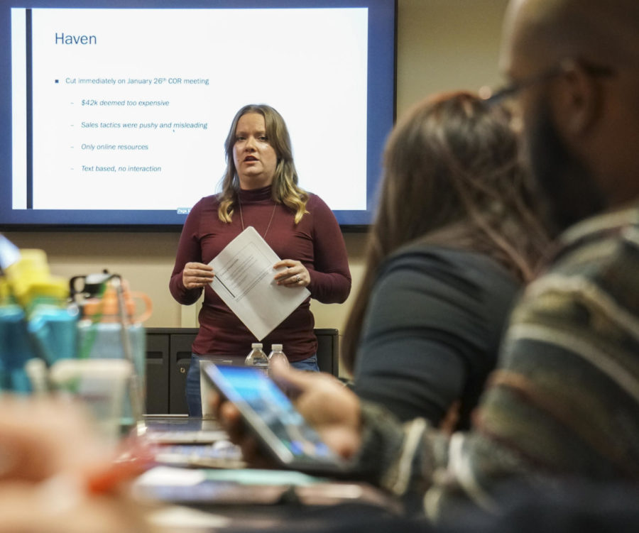Student Lauran Schaefer, majoring in communication studies, discusses some potential programs that could be implemented at the University on Tuesday, Feb. 6, 2018, at the SIU student center.