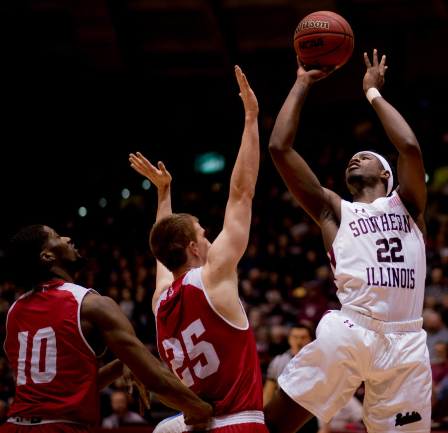 Junior guard Armon Fletcher goes for a basket Sunday, Feb. 11, 2018, during the Salukis' 74-57 win against the Bradley Braves at SIU Arena. The Salukis are now the lone second place team in the Missouri Valley Conference. (Brian Munoz | @BrianMMunoz)