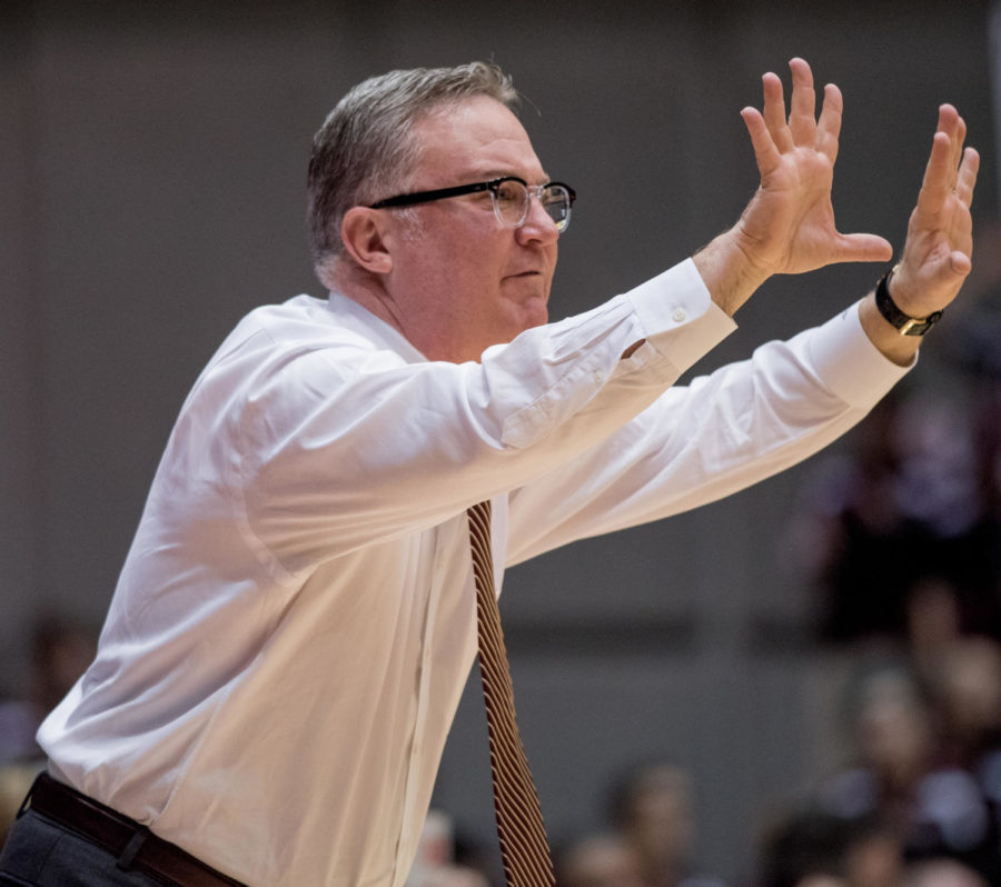Southern Illinois Salukis head coach Barry Hinson reacts after a play Wednesday, Feb. 21, 2018, during the Loyola Ramblers 75-68 victory against the Southern Illinois University Salukis at SIU Arena. (Cameron Hupp | @CHupp04)