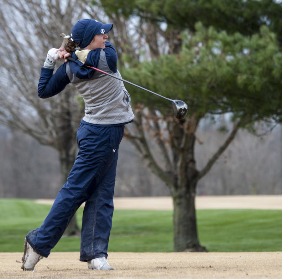 Navy senior Legare Augenstein, of Columbia, S.C. drives the ball, Sunday, March 25, 2018, during the 24th annual Saluki Invitational at Hickory Ridge Golf Course in Carbondale. (Mary Newman | @MaryNewmanDE)