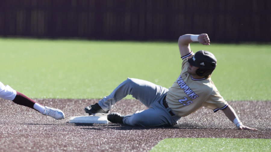 Louisiana Monroe Senior designated hitter Turner Francis slides into second base during the Warkhawks 13-7 win against the Salukis Saturday, March 3, 2018, at Itchy Jones Stadium Illinois. (Dylan Nelson | @Dylan_Nelson99)
