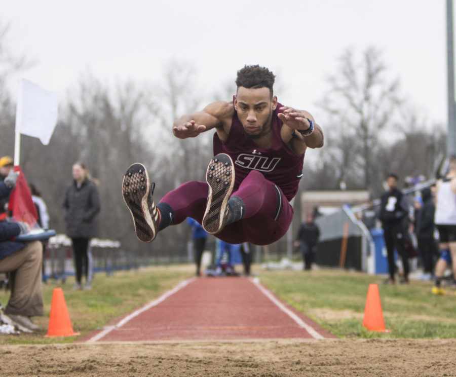 Southern Illinois sophmore Marcellus Fletcher in the Mens Long Jump Saturday, March 24, 2018 during the Bill Cornell Spring Classic at the Lew Hertzog Track and Field complex. (Corrin Hunt | @CorrinIHunt)