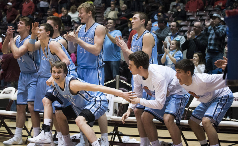 The Pinckneyville Panthers bench gets excited Tuesday, Mar. 6, 2018, during the Panthers 60-47 win against the Mt. Carmel Golden Aces at SIU Arena. (Cameron Hupp | CHupp04)