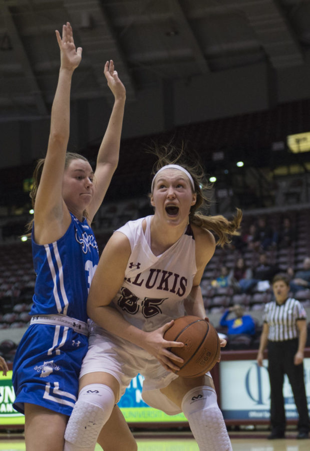 Freshman Forward Abby Brockmeyer reacts before attempting to make a basket Thursday, March 1, 2018, during the Salukis 54-43 victory against the Sycamore at SIU Arena. (Dylan Nelson | @Dylan_Nelson99)

