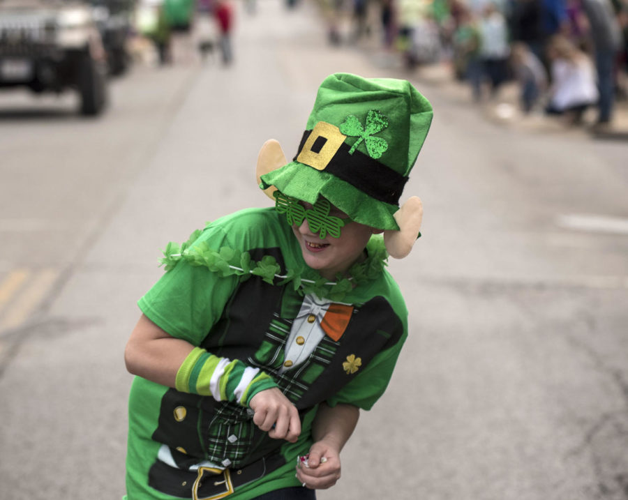 Isiah Shadowen, 11, of Herrin gets ready to hand out candy Saturday, March 17, 2018, in the St. Patrick’s Day Parade in Murphysboro.